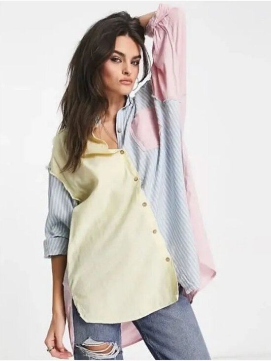 Free People Tops - Free People Rags to Riches Pink Blue Striped Oversized Button Down